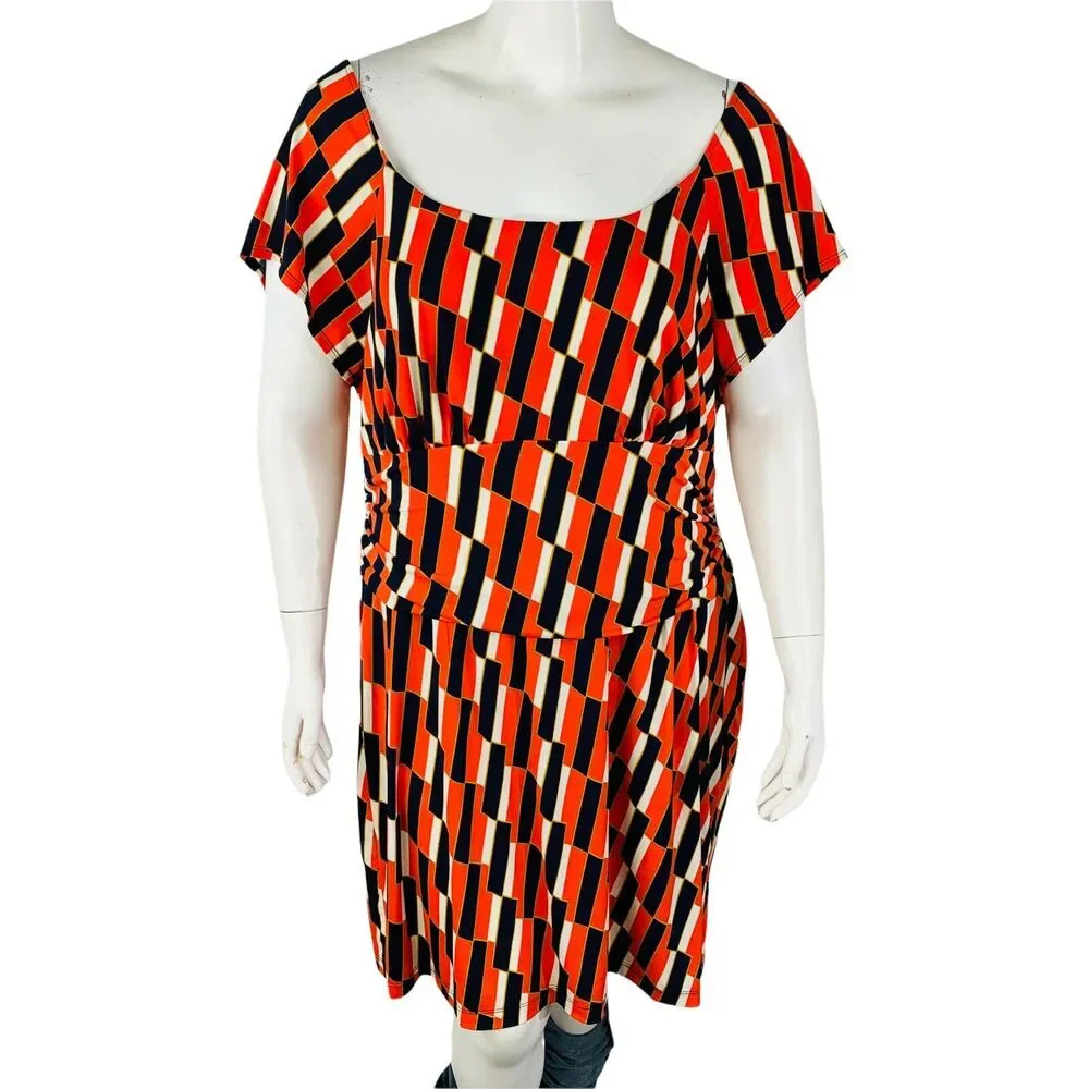 Bisou Bisou Womans Sz 24 Plus Dress Michele Bohbot Ruched Short Sleeve Geometric
